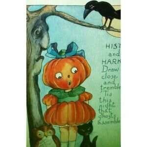 Antique Halloween Postcard Whitney Big Head Goblin Girl Anthropomorphic Tree Cat
